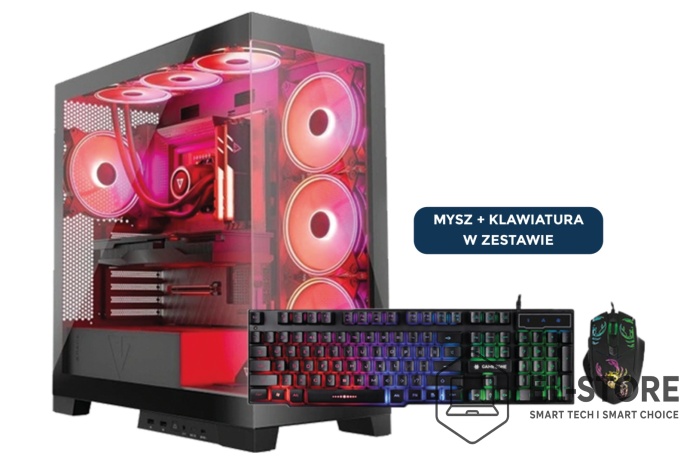 Komputer gamingowy Pricemax AX MAX ARGB w czarnej obudowie z włączonym dynamicznym podświetleniem ARGB na obudowie i wentylatorach, prezentujący jego potężny i elegancki design.